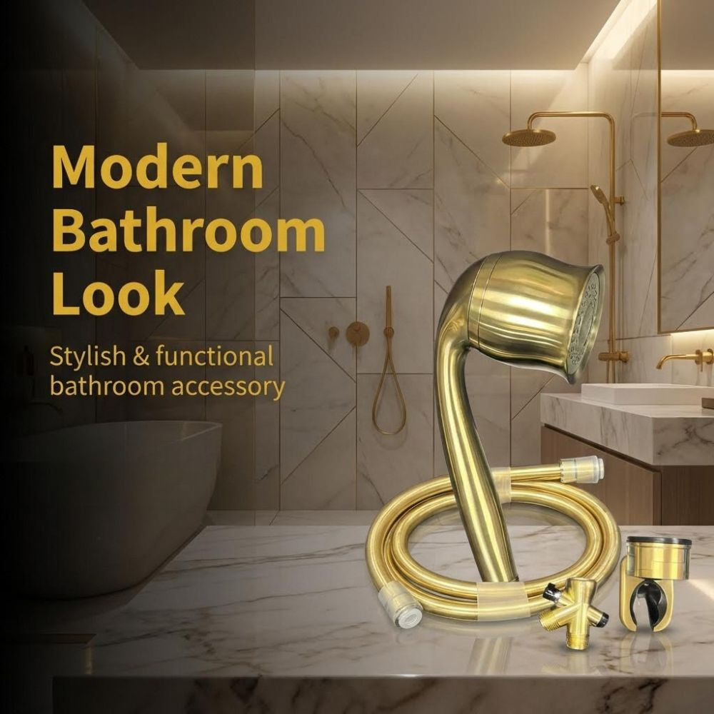Gold handheld shower head bathroom accessory set against a modern bathroom background with text 'Modern Bathroom Look'.