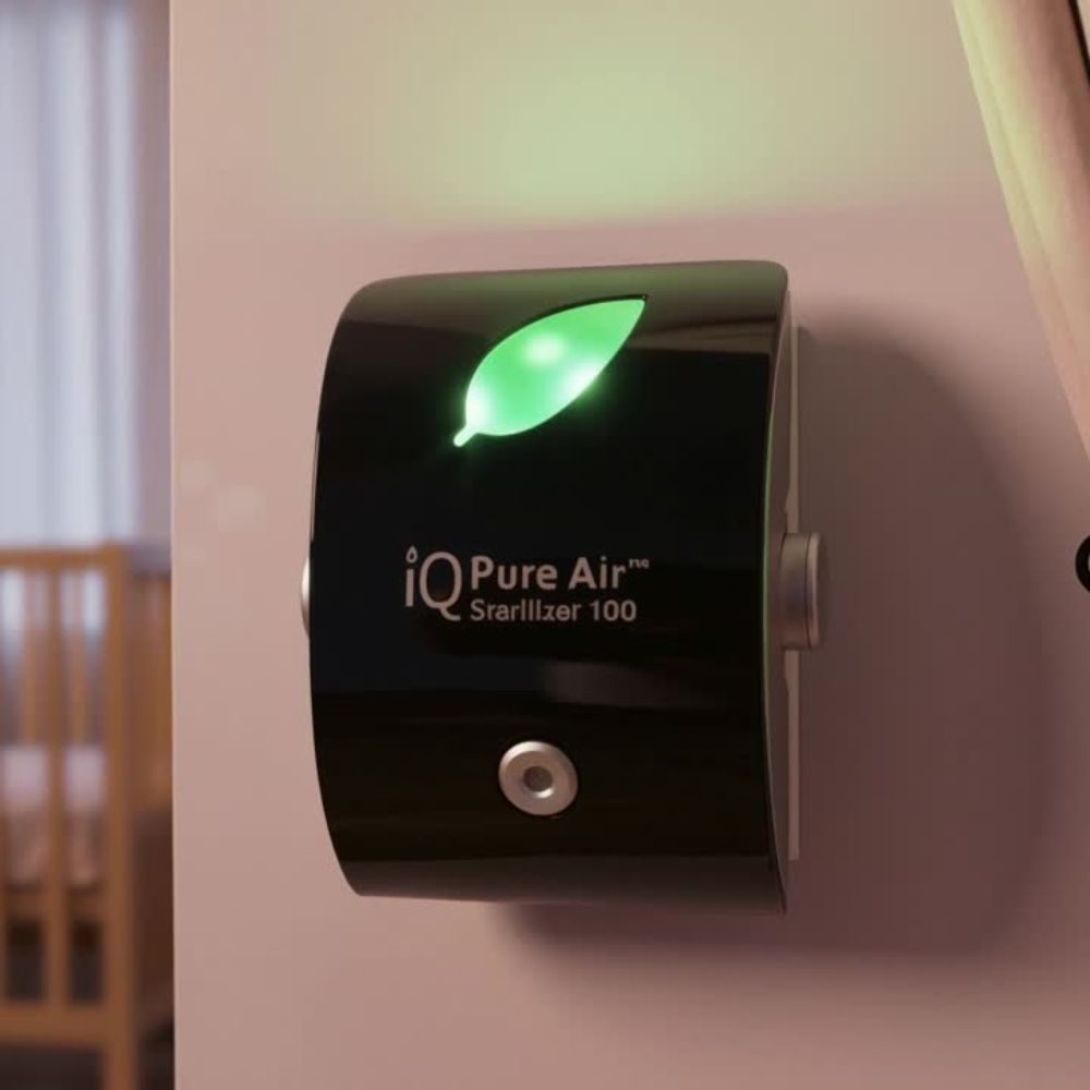 iQ Pure Air sterilizer 100 device with a green light on a wall.