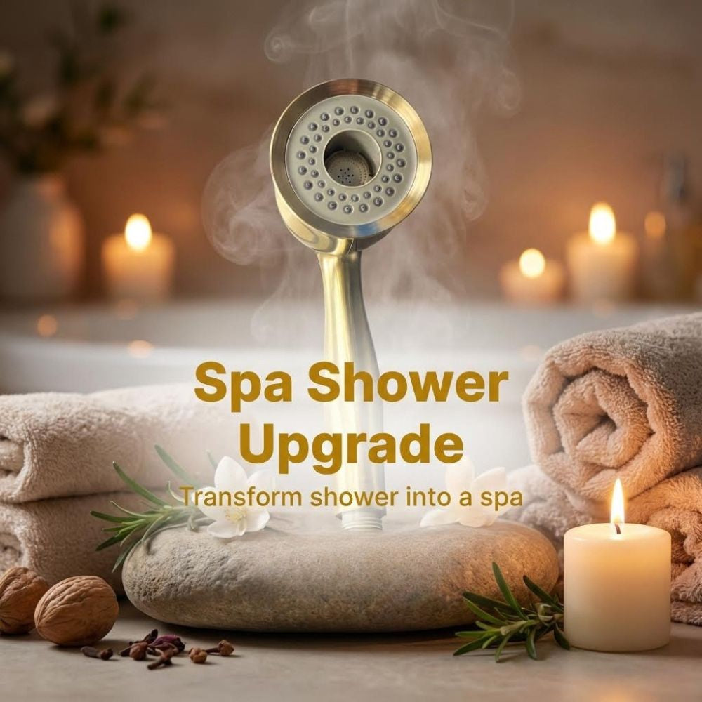Gold handheld shower head with towels, candles, and a stone in a spa-like setting.