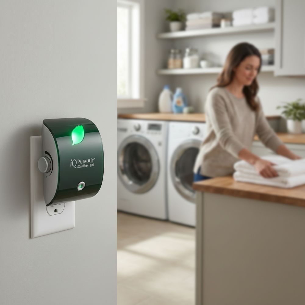 iQ Pure Air air purifier on a wall with a woman folding laundry in the background