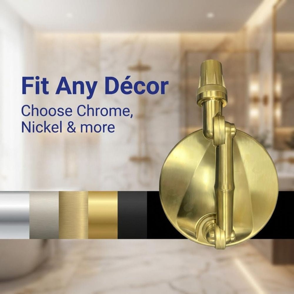 Gold ShowerMe rainfall shower head  with text 'Fit Any Décor Choose Chrome, Nickel & more' in a blurred interior setting.