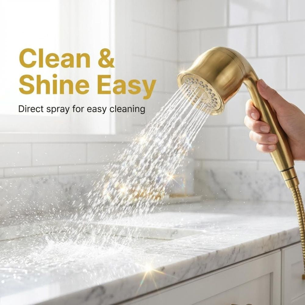 Gold handheld showerhead cleaning a marble countertop with text 'Clean & Shine Easy'.