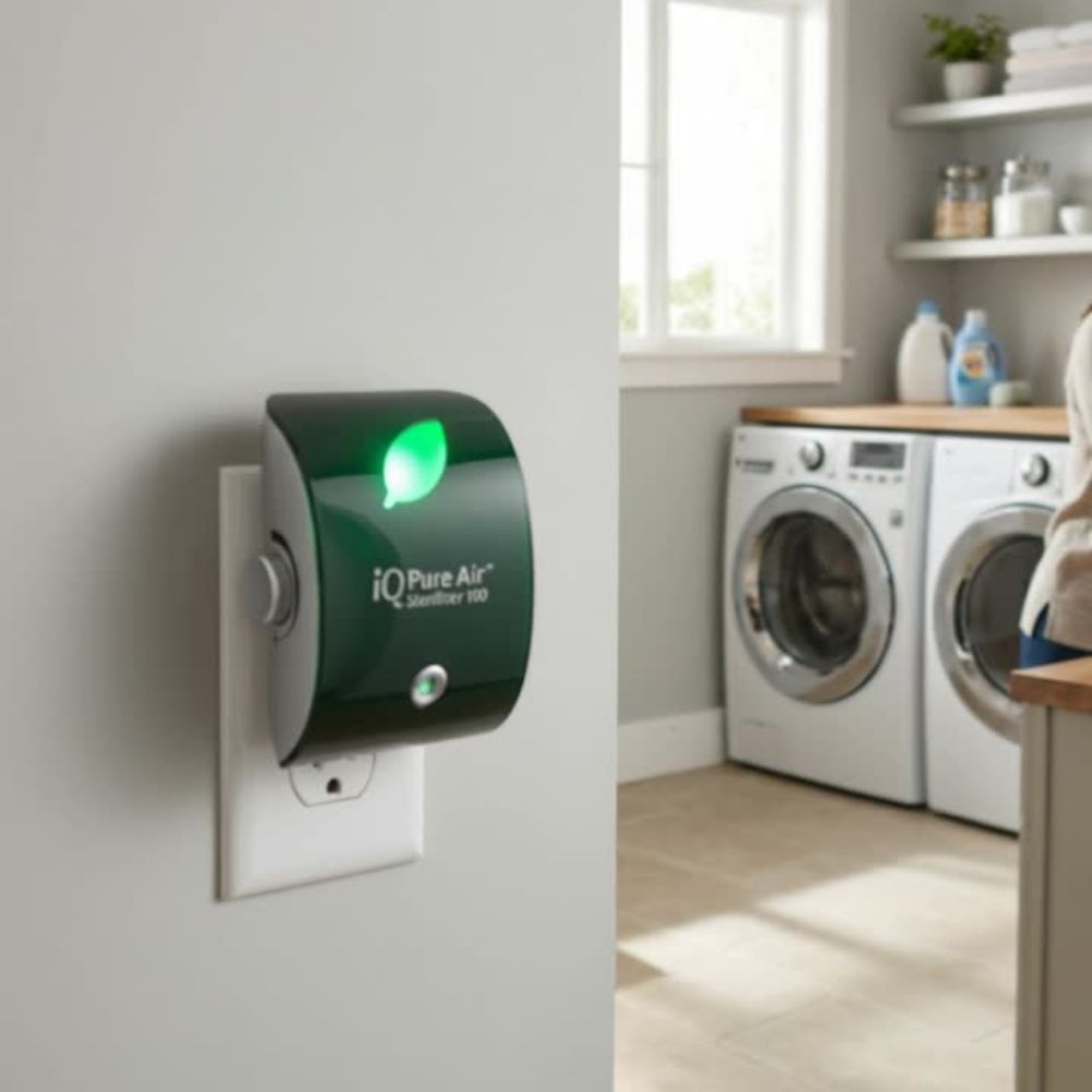 iQ Pure Air device on a wall in a laundry room with washing machines.