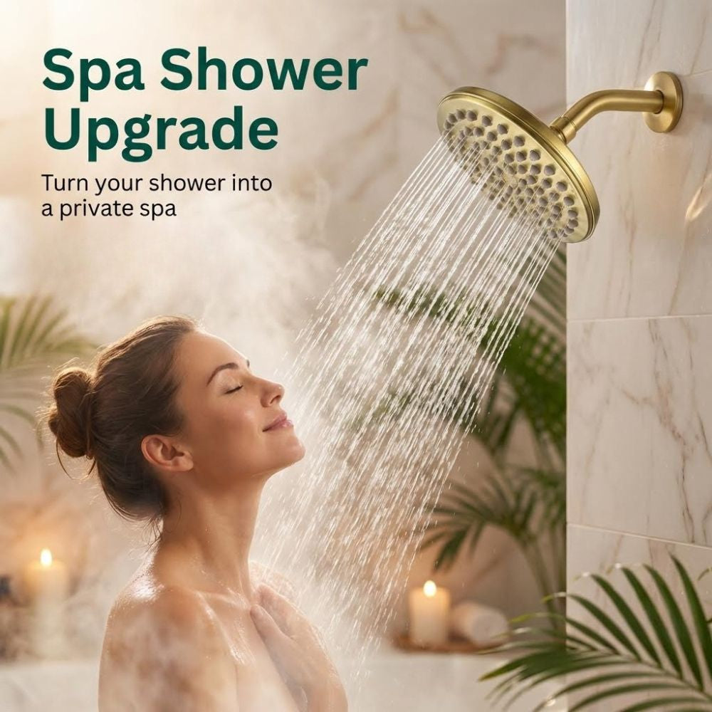 Woman showering with a gold showerhead in a spa-like setting with text 'Spa Shower Upgrade'.