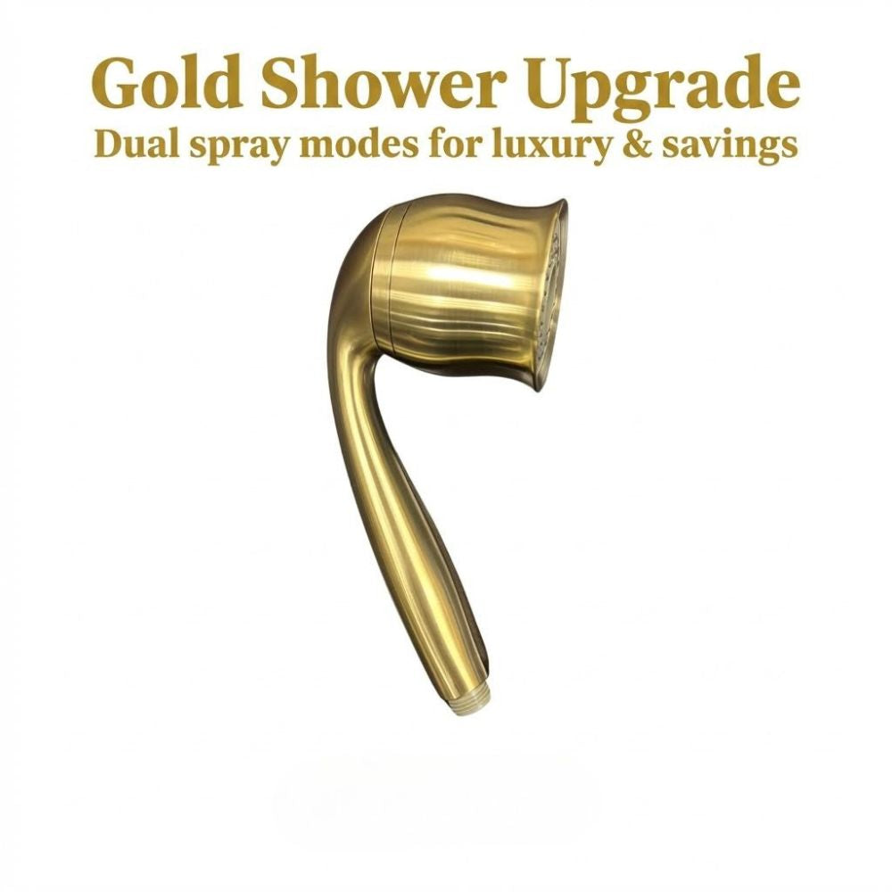 Gold handheld shower head with text 'Gold Shower Upgrade: Dual spray modes for luxury & savings' on a white background