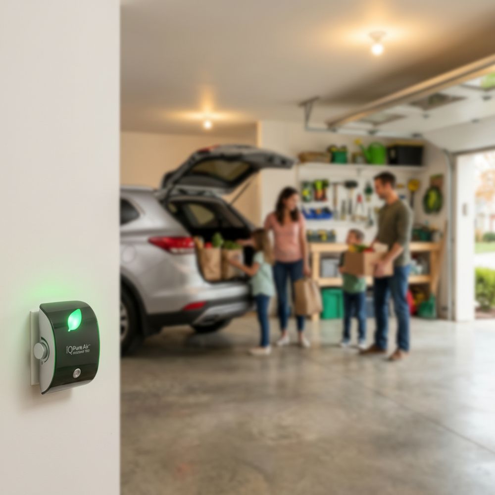 Family in a garage with a iQPure Air Sterilizer on the wall displaying a green light.