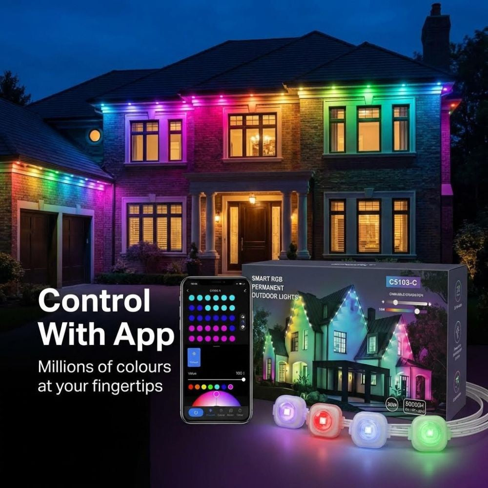 House exterior with colorful smart LED lights and smartphone app control display.