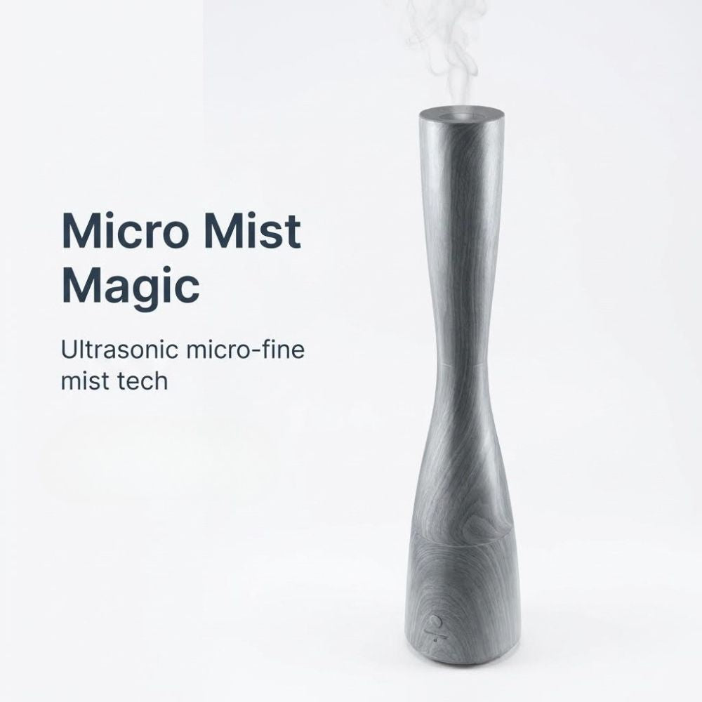 Ultrasonic humidifier with text 'Micro Mist Magic' and 'Ultrasonic micro-fine mist tech' on a white background
