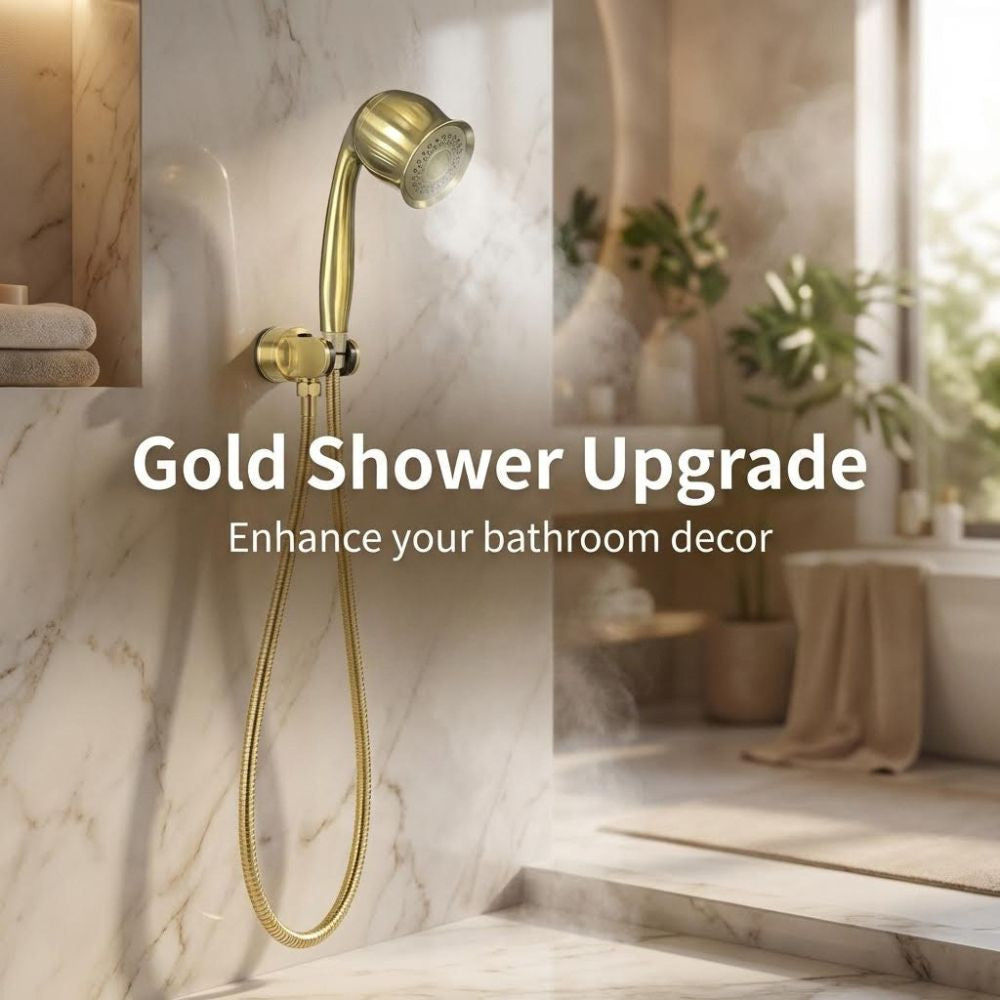 Gold handheld shower head with text 'Gold Shower Upgrade' in a bathroom setting