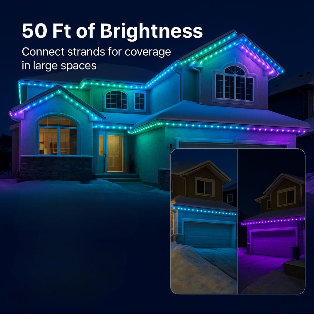 House exterior with Smart Outdoor LED lights on the roof and around windows, highlighting 50 feet of brightness.