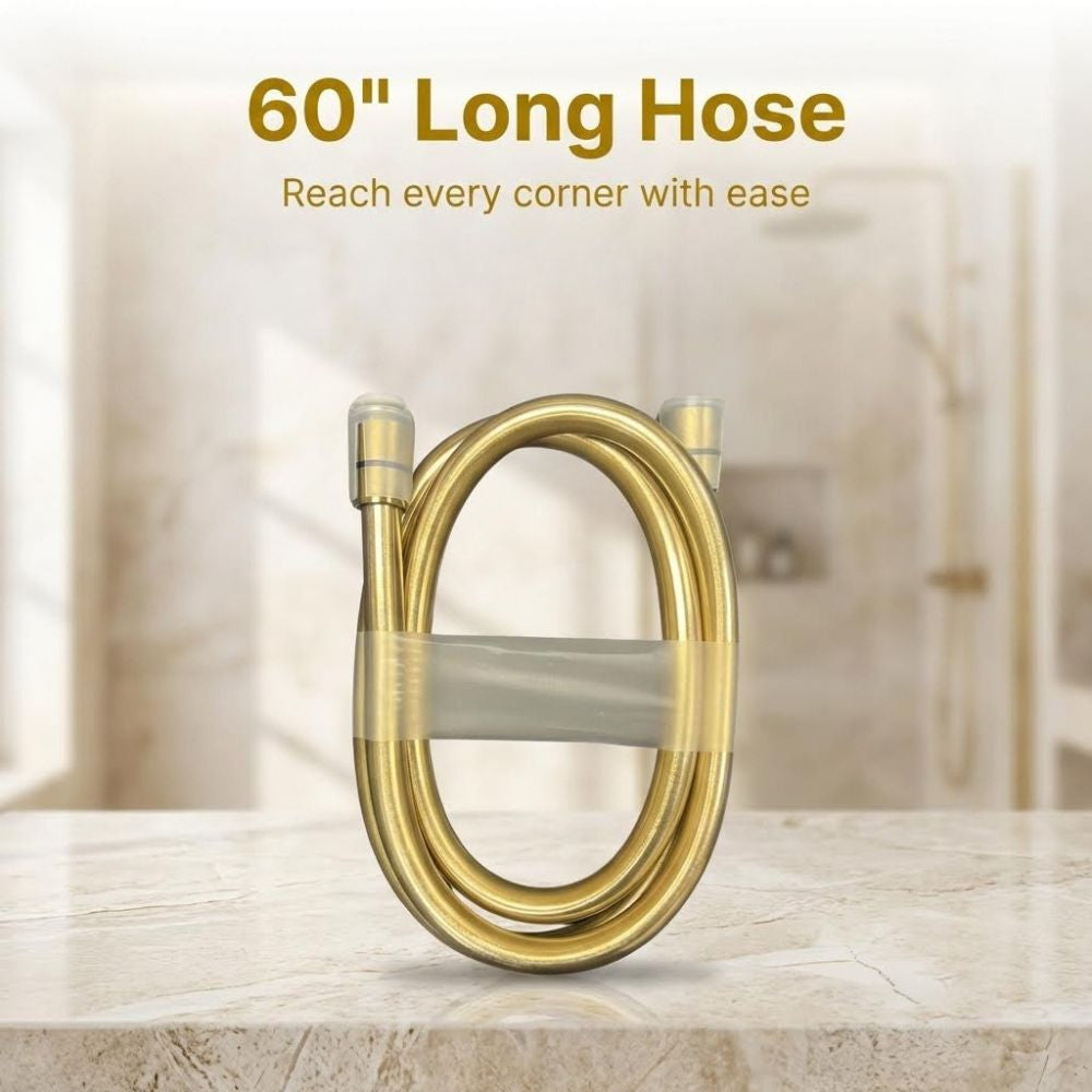 Gold 60-inch long hose on a bathroom counter with text indicating its length and ease of use.