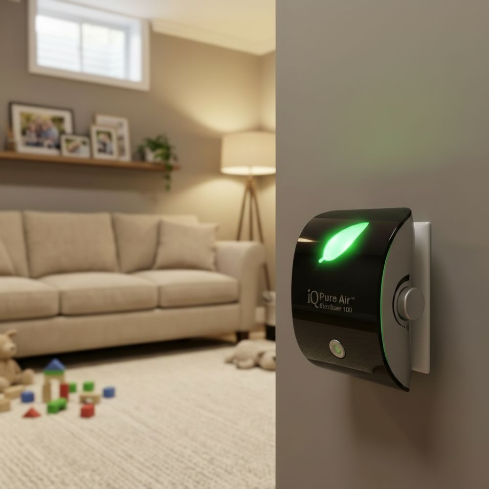 iQ Pure Air air purifier on a wall in a living room with toys on the floor.