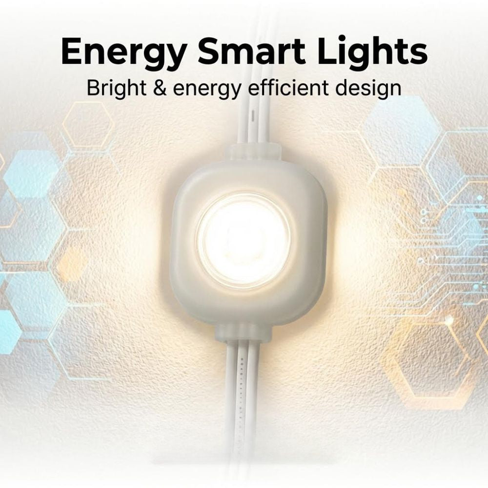 Energy smart outdoor lights with text 'Bright & energy efficient design' on a geometric patterned background