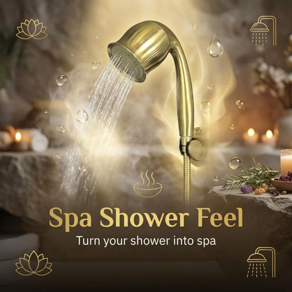 Gold hand held shower head with water flowing, surrounded by candles and spa elements, promoting a spa-like shower experience.