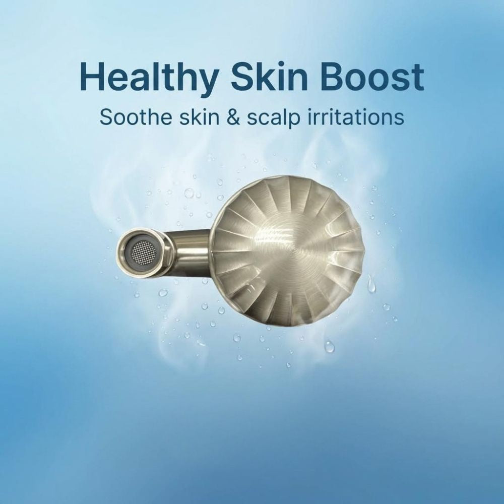 Brushed Nickel ShowerMe Shower Filter with 'Healthy Skin Boost' text on a blue background