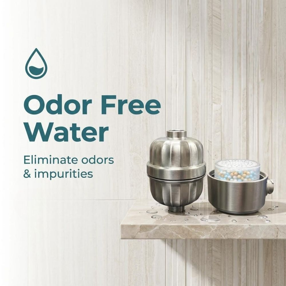 water filter on a countertop with 'Odor Free Water' text and branding.