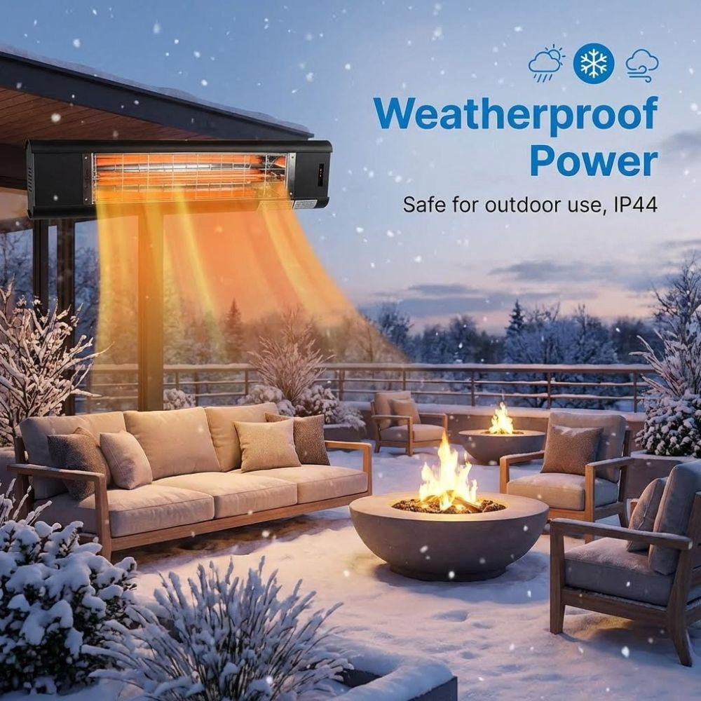 Veito Aero outdoor patio heater in use on a snowy deck with 'Weatherproof Power' text.
