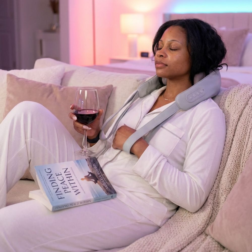 Woman relaxing on a couch with a neck massager, holding a glass of wine and a book.