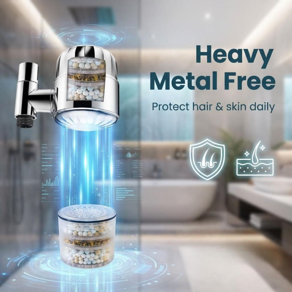 Shower head with filtration system in a bathroom setting, highlighting 'Heavy Metal Free' feature.