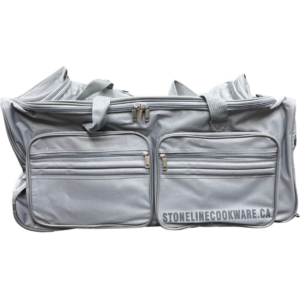 Gray duffel bag with zippers and 'StonelineCookware.ca' branding on a white background
