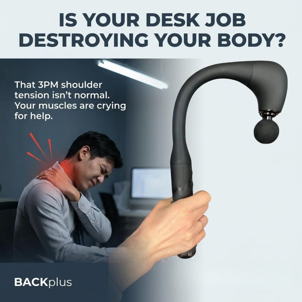 Person holding a Backplus Hammer Massager with text about desk jobs and shoulder tension relief.