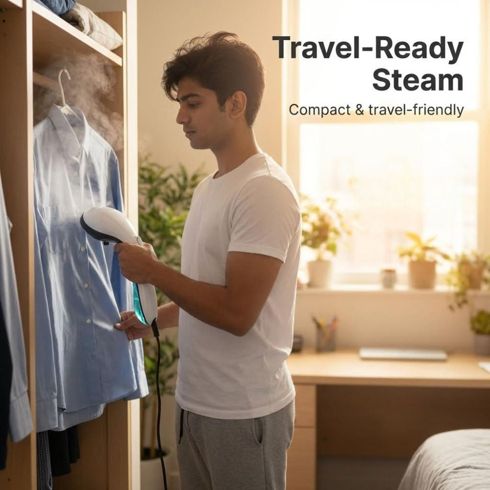 Man using the Eurosteam Steam Ezee as a travel steam iron in a home setting with text 'Travel-Ready Steam' and 'Compact & travel-friendly'.
