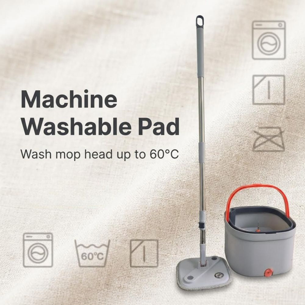 Ultra Spin Mop and bucket set with machine washable pad feature on a textured beige background