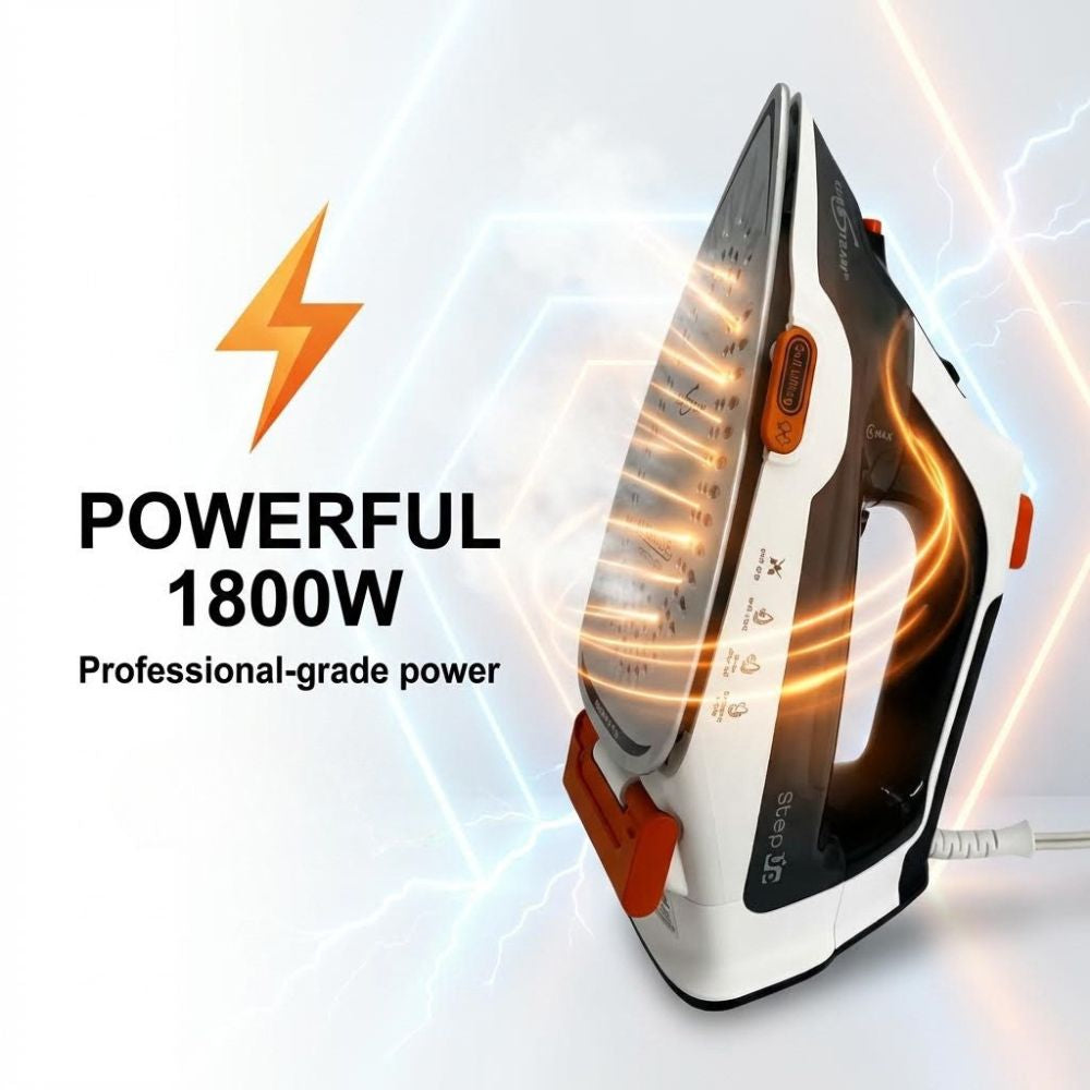 Eurosteam Step Up iron with 'Powerful 1800W Professional-grade power' text on a white background