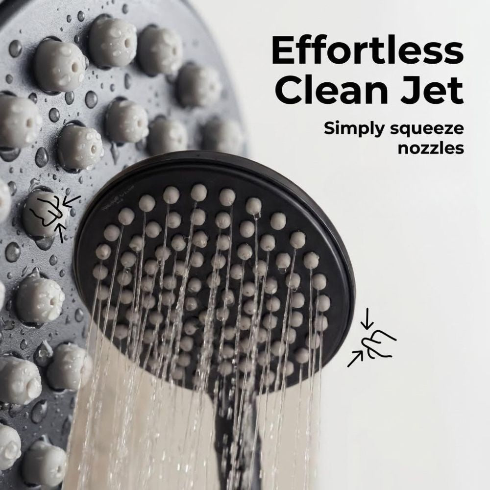 Shower head with water spraying out, labeled 'Effortless Clean Jet' on a light gray background.