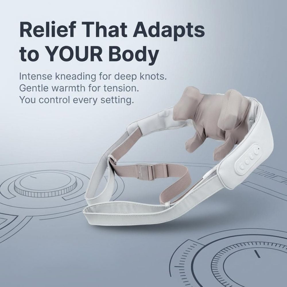 Neck massager with text on a gray background with text ' Relief That Adapts to YOUR Body'