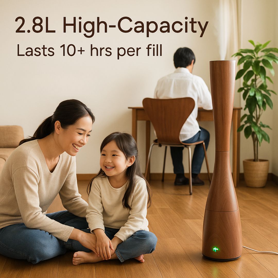 Woman and child sitting on the floor with a large brown humidifier beside them, in a home setting.