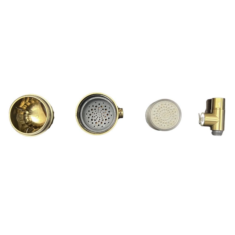 Four components of a gold and silver shower head, including internal filters and connectors, arranged horizontally on a white background.