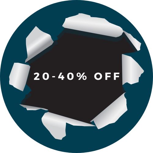 Promotional graphic with '20-40% OFF' text on a black background with torn paper effect.