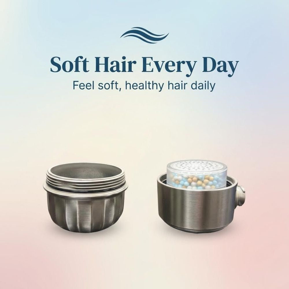 ShowerMe Shower Filter open on a gradient background, featuring the text 'Soft Hair Every Day'.