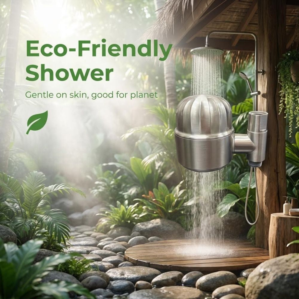 Eco-friendly shower filter in a natural setting with greenery