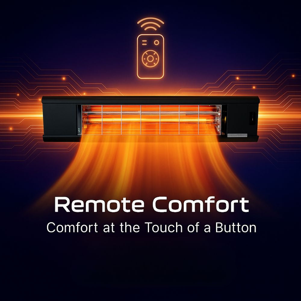 Infrared heater with remote control on a dark background with glowing orange rays and text 'Remote Comfort'.
