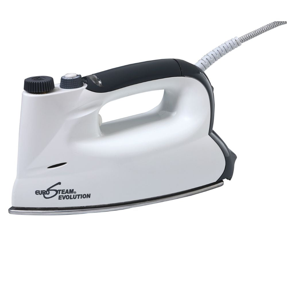 White iron with black handle on a white background, featuring the Eurosteam Evolution brand.