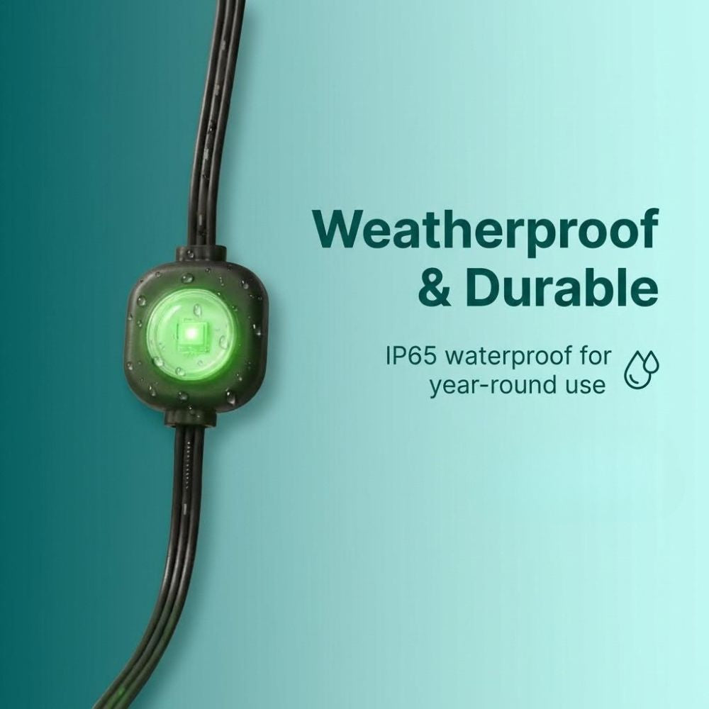 Weatherproof smart outdoor lights with green light on a teal background, featuring text about its durability.