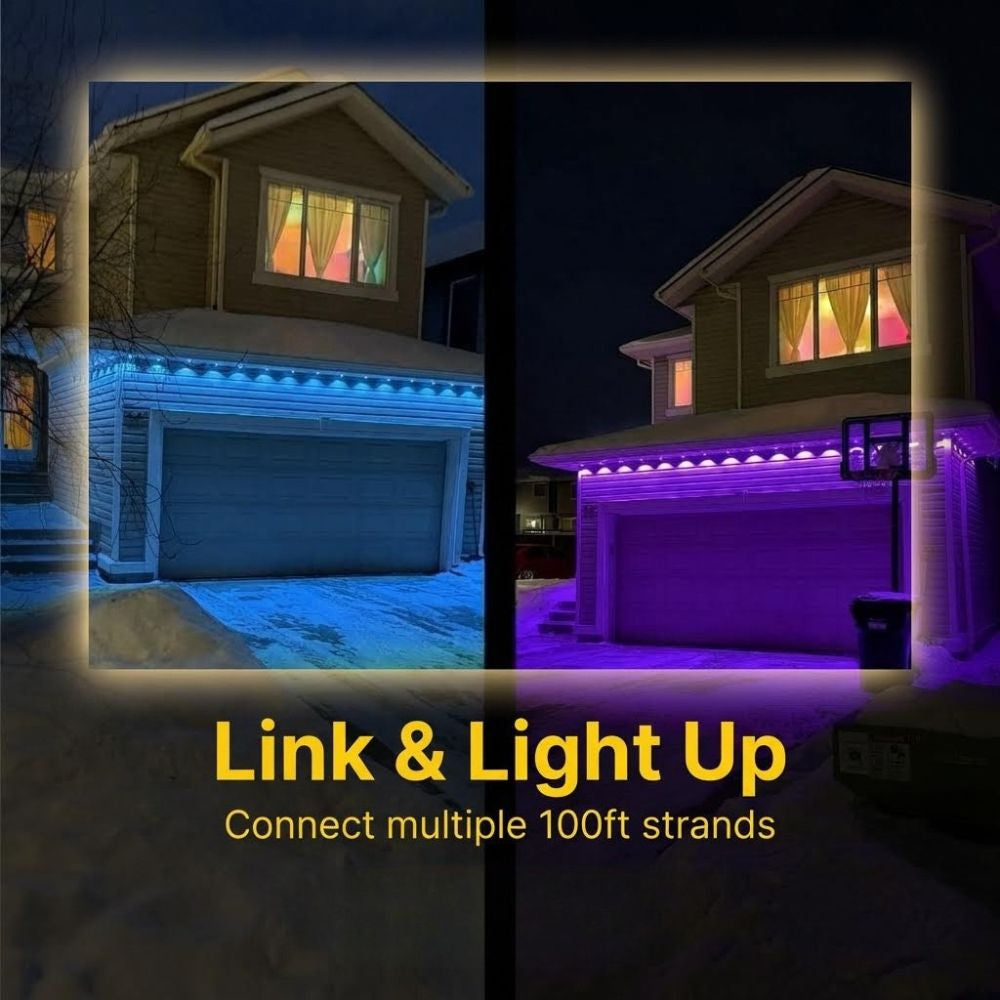 Two views of a house exterior with LED strip lights in blue and purple, labeled 'Link & Light Up'.