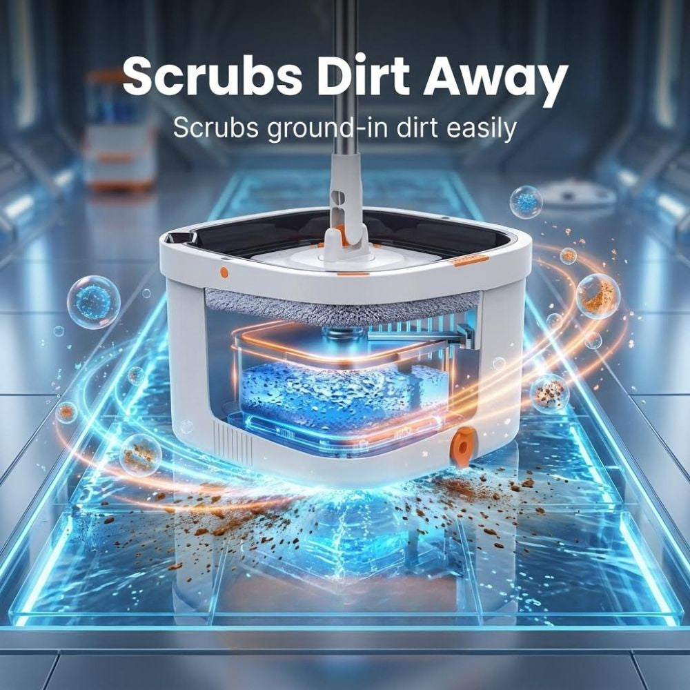 Ultra Spin Mop in bucket with text 'Scrubs Dirt Away' and 'Scrubs ground-in dirt easily'.