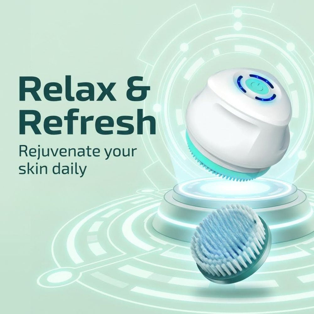 ShowerMe shower brush with text 'Relax & Refresh' on a light green background