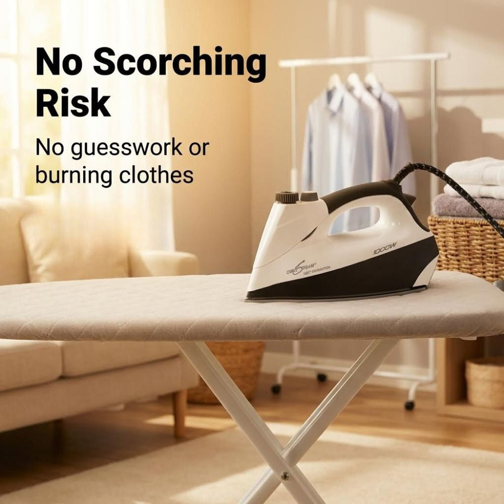 Eurosteam Next Generation Iron on an ironing board with text 'No Scorching Risk' in a home setting.