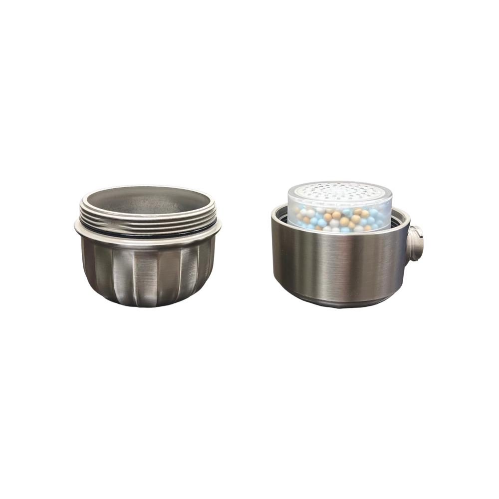 ShowerMe H2O Filter in Brushed Nickel open to show filter cartirdge