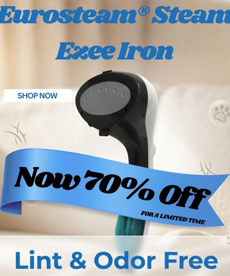 Eurosteam Steam Ezee Iron with promotional banner on a blurred background
