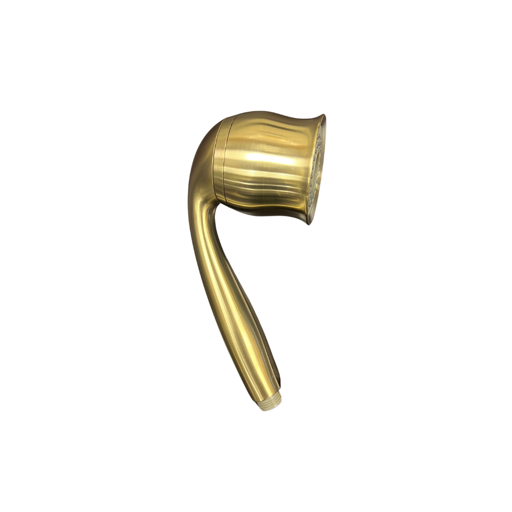 Gold-colored handheld shower head on a white background