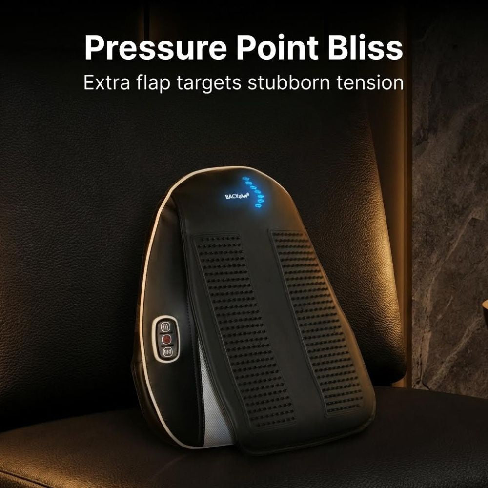 Black back and neck massage device with digital display on a dark background, labeled 'Pressure Point Bliss'.
