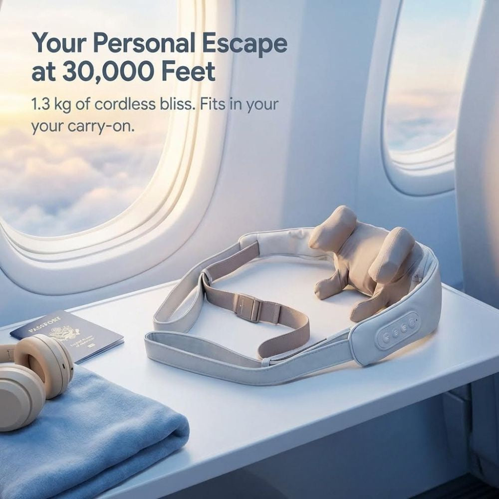 Backplus cordless platinum massager and headphones on an airplane tray table with text 'Your Personal Escape at 30,000 Feet'