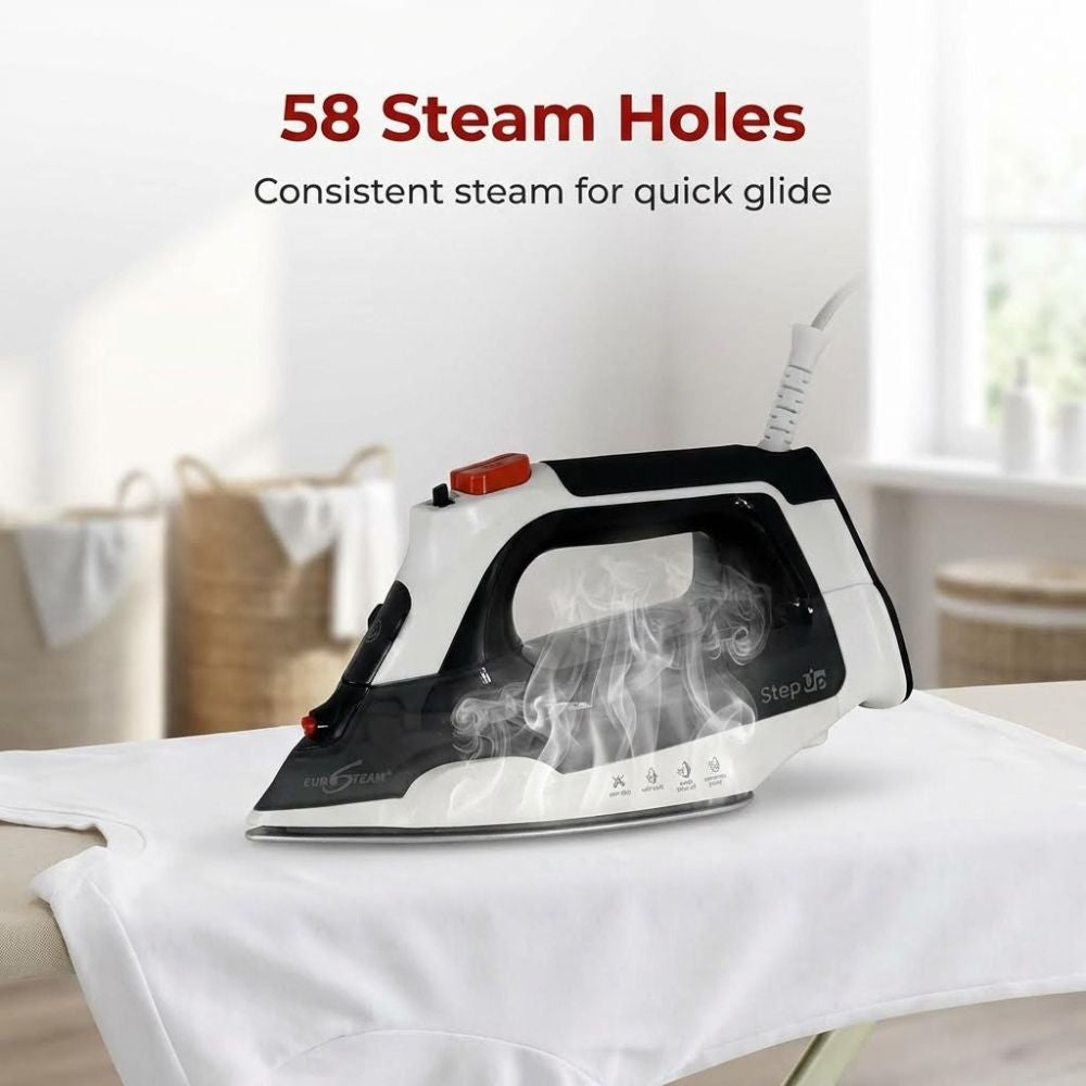 Eurosteam Step Up iron on an ironing board with text about 58 steam holes.