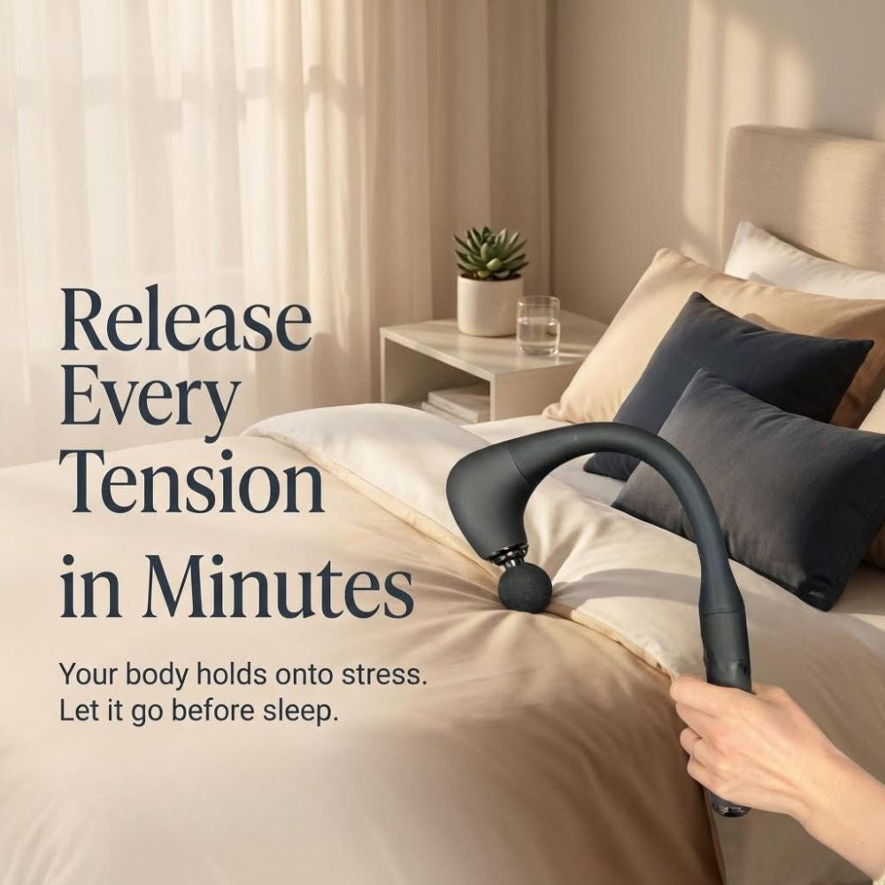 Handheld massager with a bed in the background with text promoting relaxation before sleep