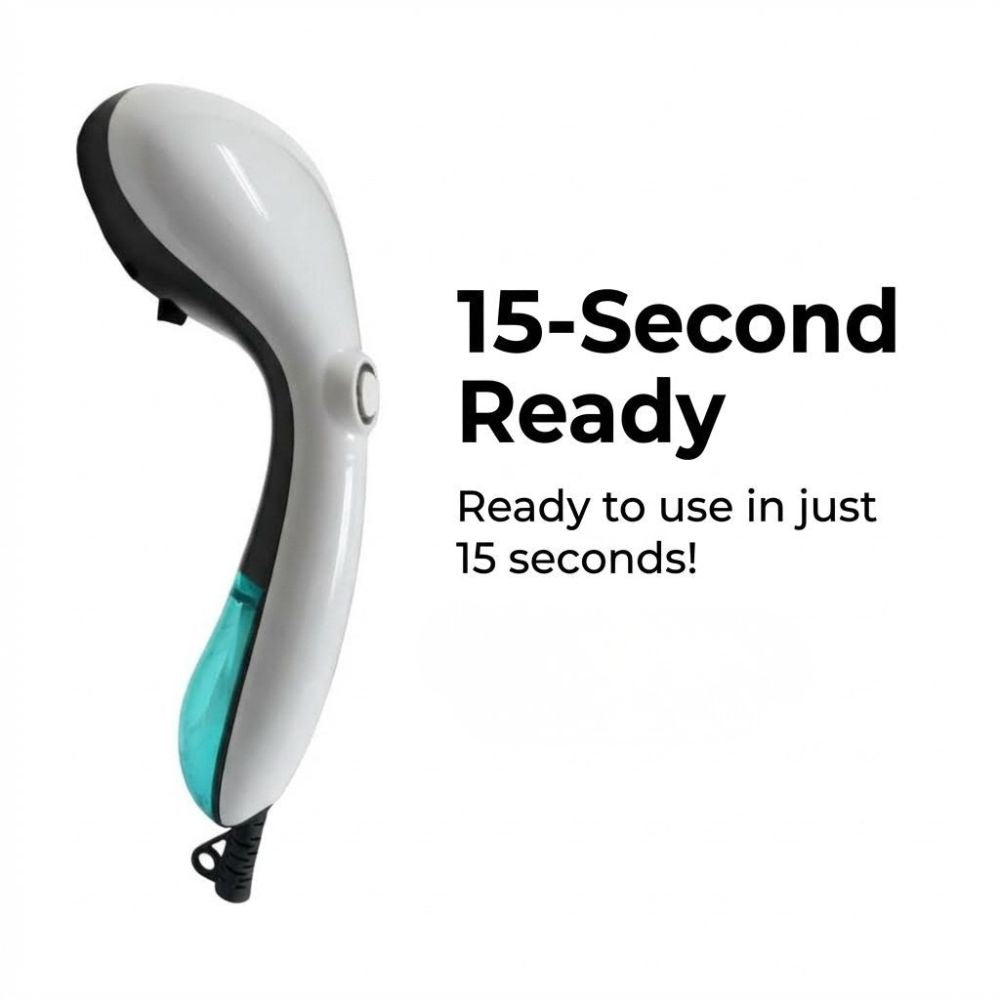 White handheld Eurosteam Steam Ezee with black accents and a green accent on a white background, labeled '15-Second Ready'.